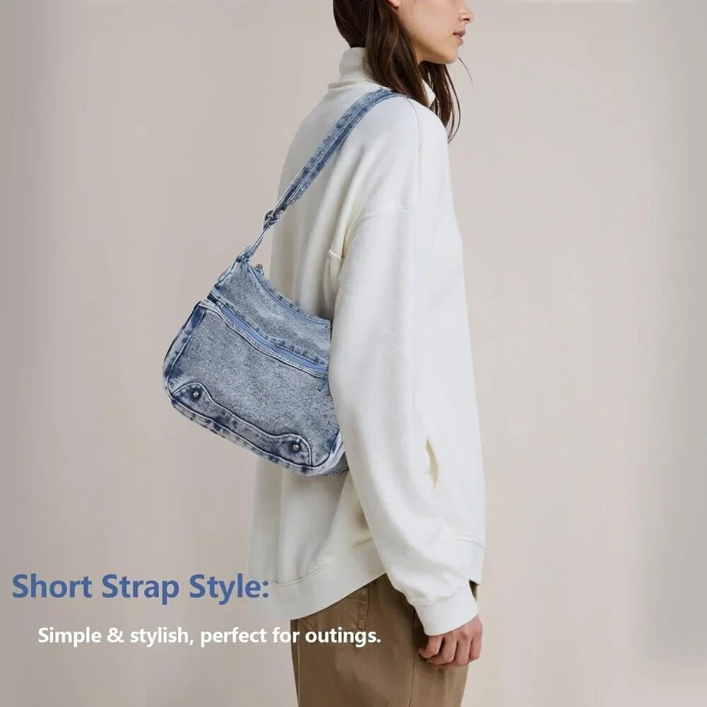 Women's Denim Tote Bag Casual Hobo Purse Adjustable Crossbody Spacious